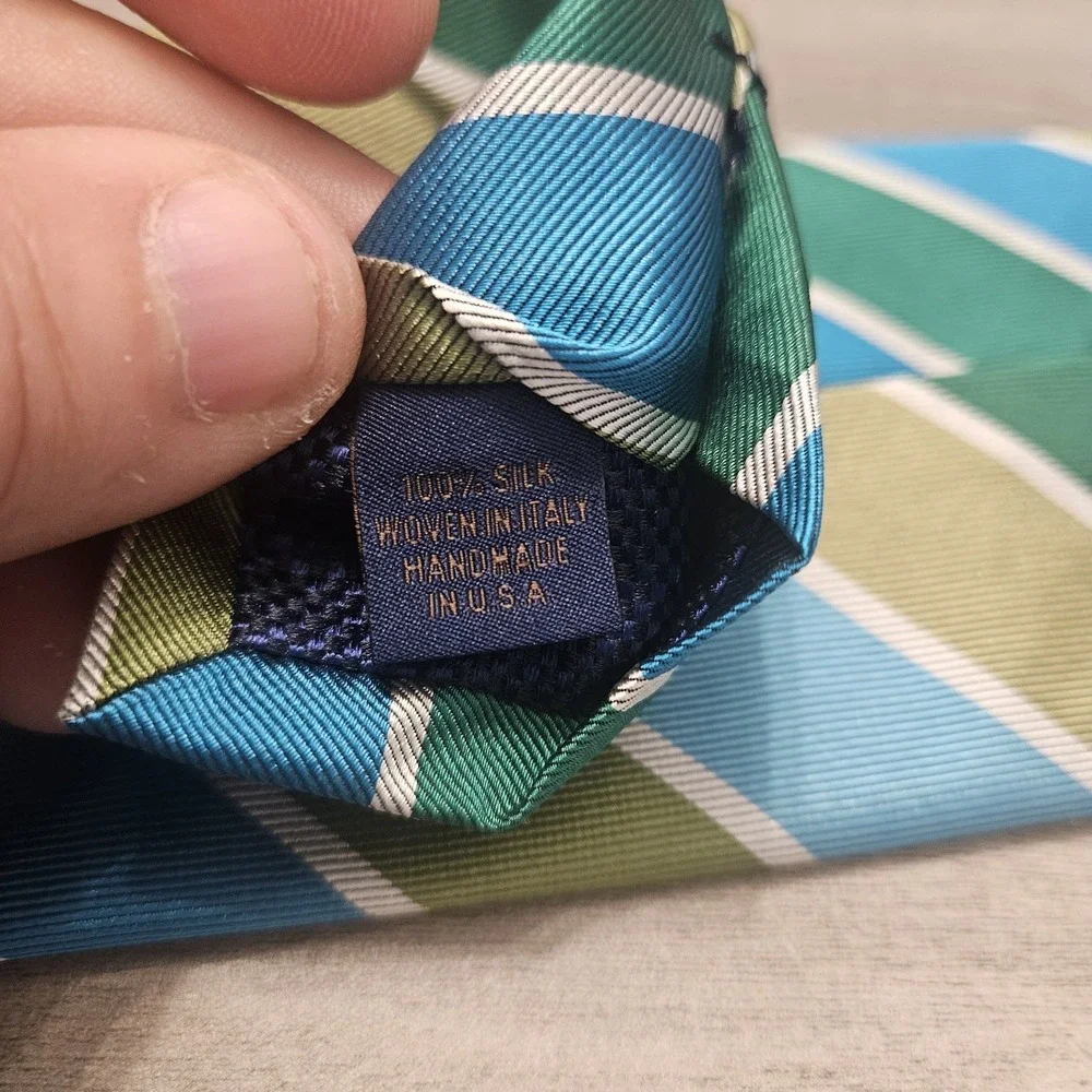 David‎ Donahue Luxury Tie Blue Green Gold Striped 100% Silk Necktie